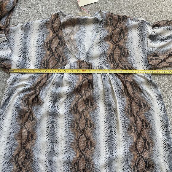 NWT Entro Python Print Babydoll Mini Dress Puff Sleeves Boho Chic Size Large - Picture 11 of 13